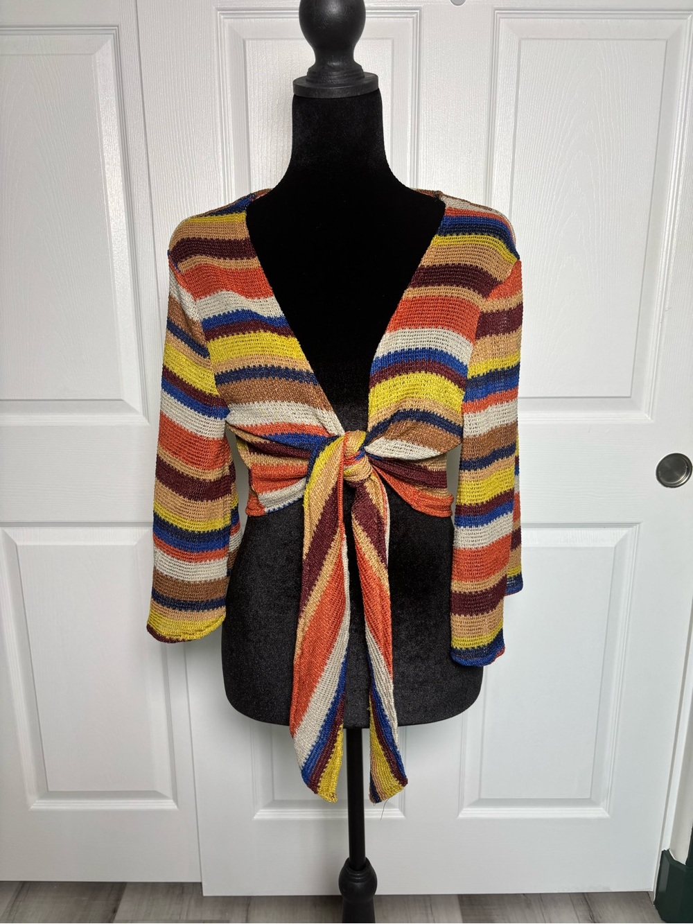 Miss Love Striped Tie Front Cropped Cardigan Boho Festival M